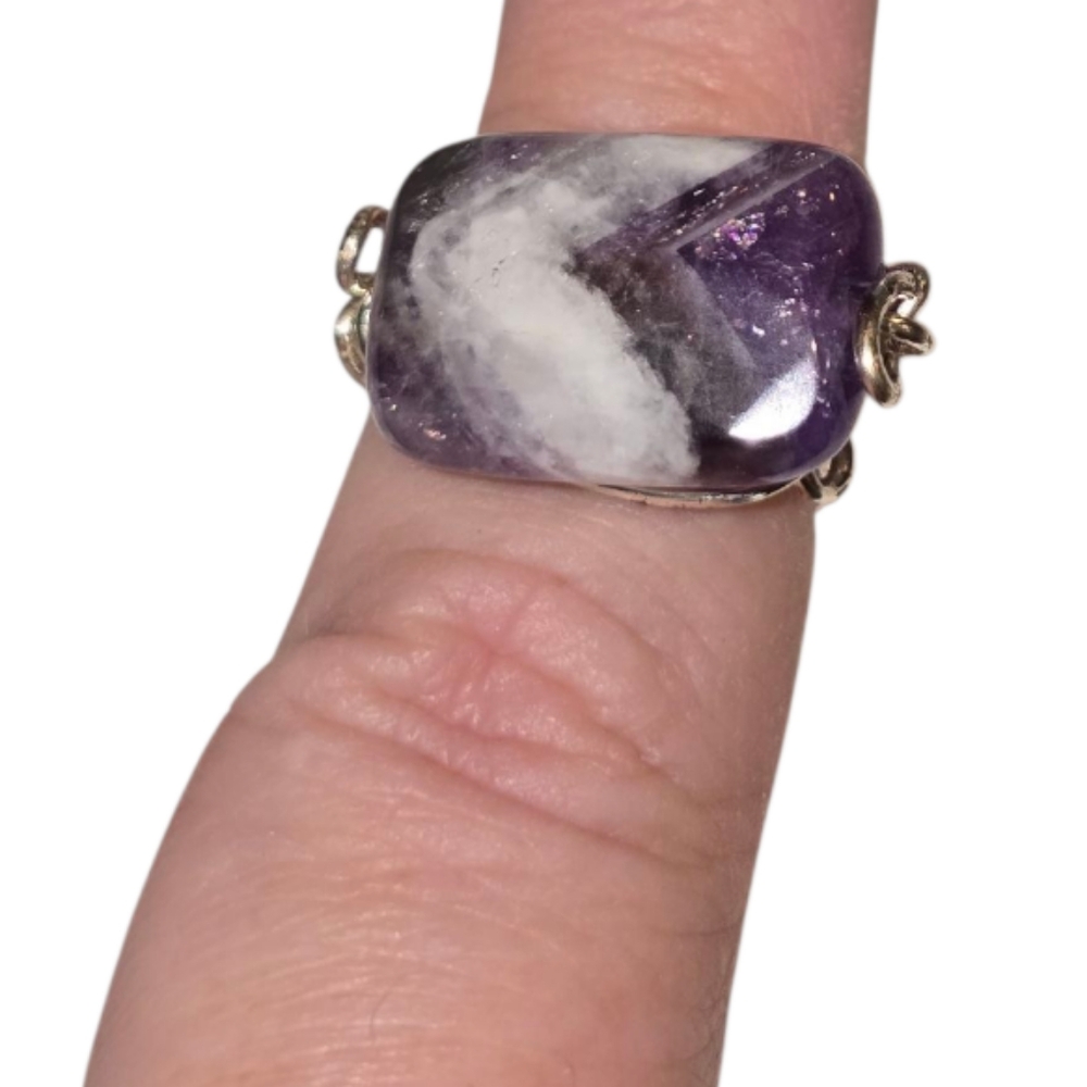 Handmade Brutalist Purple and White Stone Sterling Silver Wire Ring Size 7